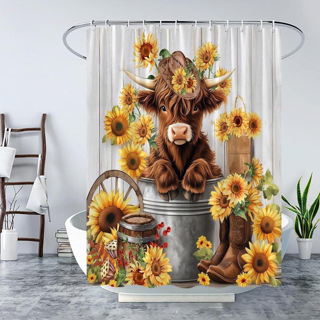 Cute Highland Cow Shower Curtain Farmhouse Rustic Sunflower Cattle Wooden Western Cowboy Shoes Funny Bull In Bucket Floral Country Fabric Bathroom