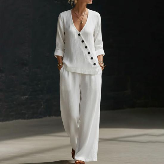 Women's Summer 2 Piece Sets Casual Half Sleeve V Neck Buttons Top And Wide Leg Pants Lounge Outfits with