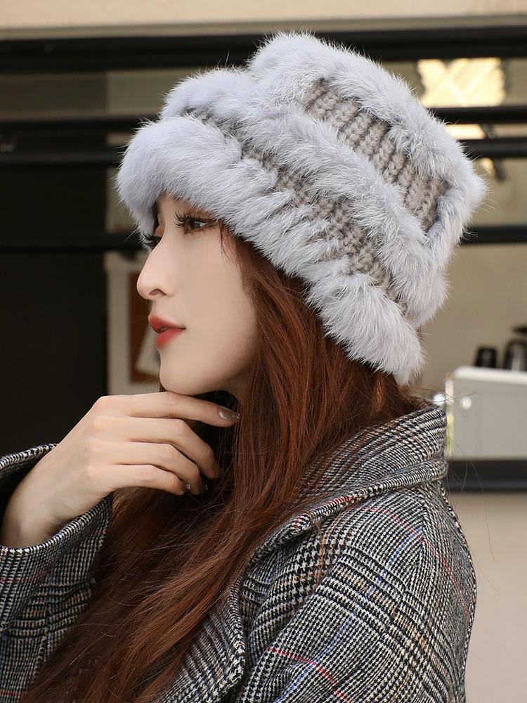 Rabbit Fur Knitted Bucket Hat Women's Autumn and Winter Ear Protection Warm Windproof Wool Hat Winter Hat