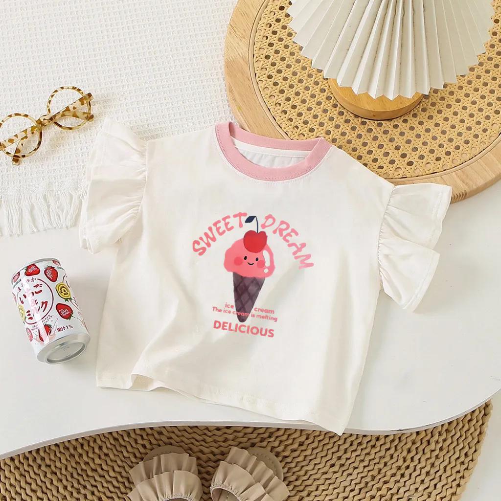 Mädchen Sommer Kurzarm T-shirt Baby Cartoon Sommer Jacke Neue Top 130 beige