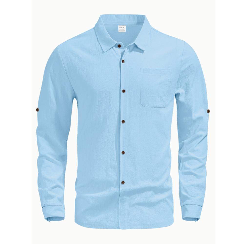 Soft and Comfortable Men's Collar Pocket Solid Color Button Up Cardigan Long Sleeved Linen Top Suitable for Daily Leisure