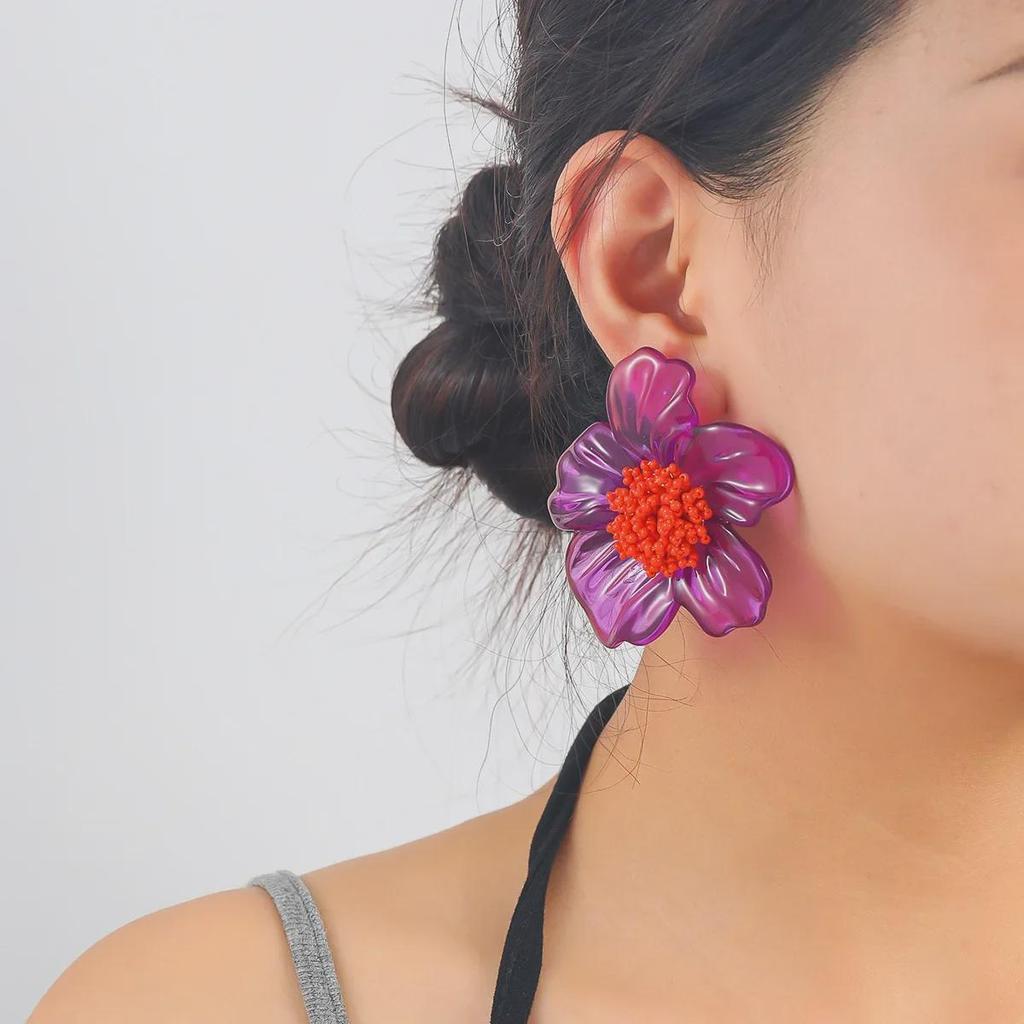 Large Purple Resin Flower Bohemian Handmade Beaded Earrings for Women
