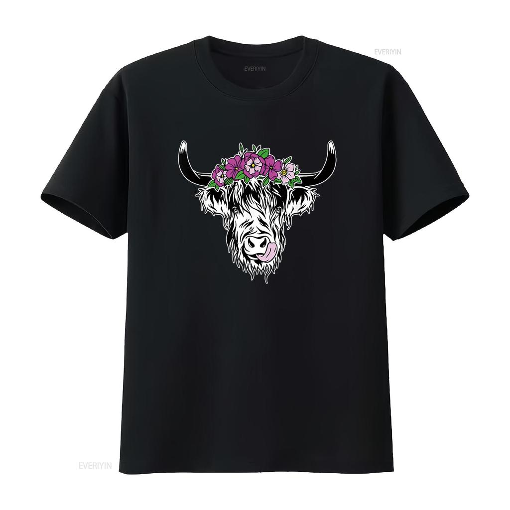 Damen Schottische Hochlandkuh Rinder Haarige Blumen Damen T-Shirt Schwarz Vintage Gewaschen Designer-Kleidung Dehnbar Mode