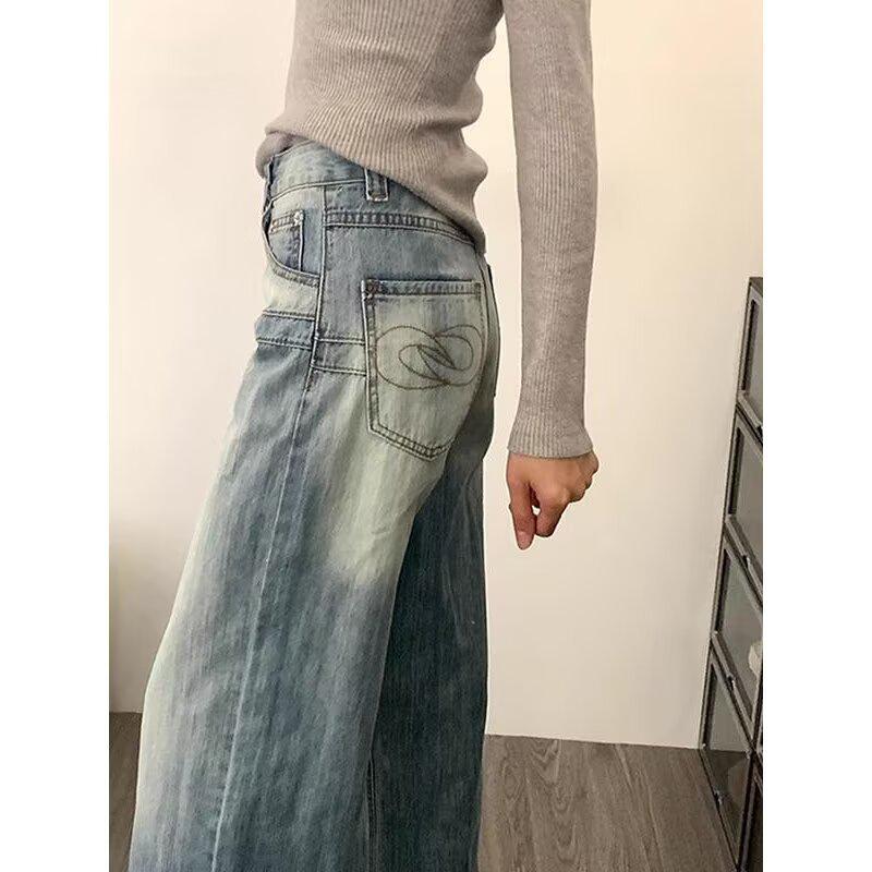 Women's Retro Washed High Waist Wide Leg Jeans - Autumn Straight Leg, Loose Fit, Floor Length