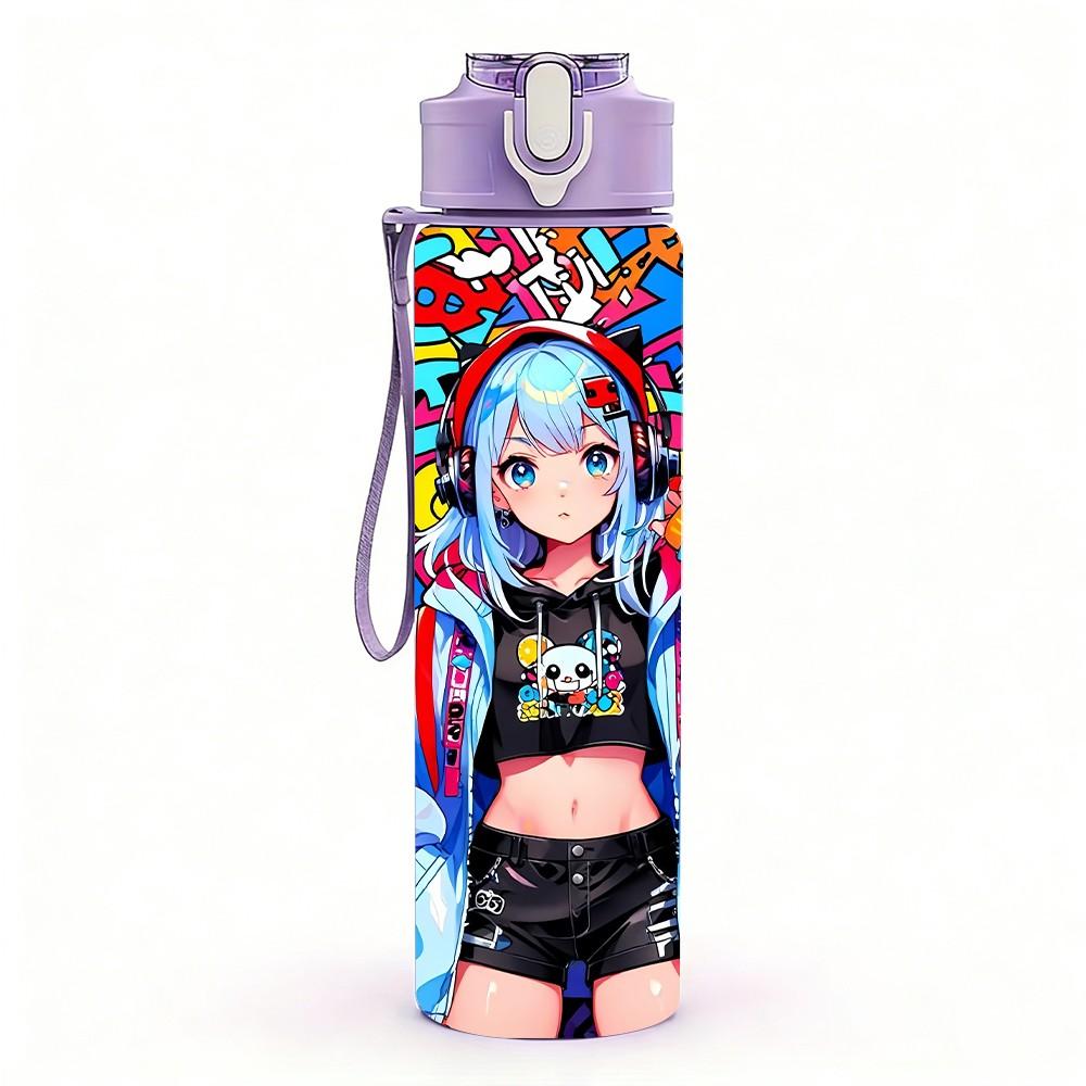 1PC Futuristic Cyber Girl Anime Character Art 750ml Color Plastic Sports Water Bottle Leakproof Flip Straw Lid Suitable for Sports Office Home Use