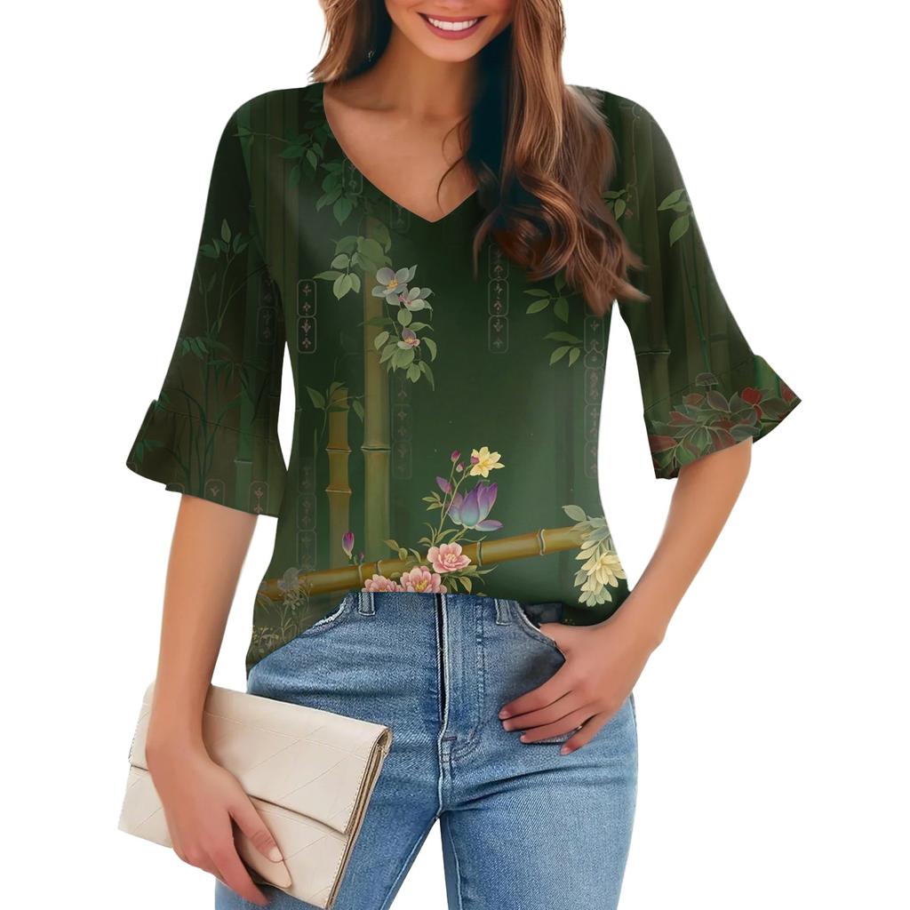 Damen Casual Fashion V-Ausschnitt Pullover Lose Pendeln Floral Fünf-Punkt-Ärmel T-Shirt Top