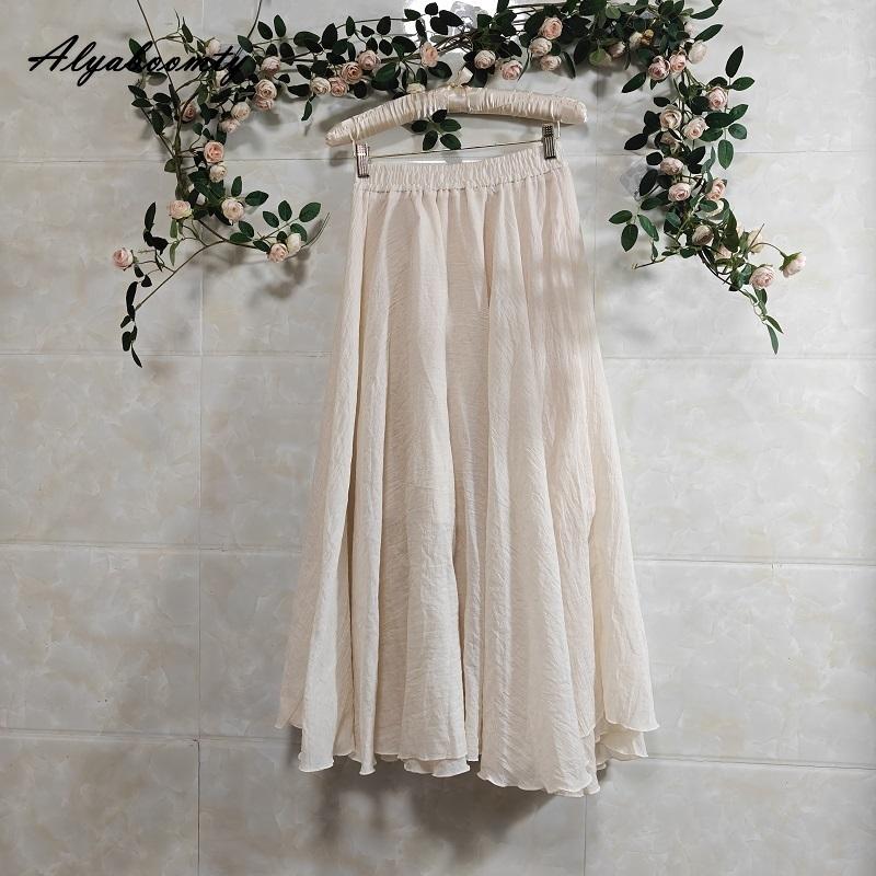 Korean Style Spring Summer Women Solid Basic Skirt Elastic Waist Simple Cotton Linen Skirt Elegant Feminine Ladies' Chic Skirt