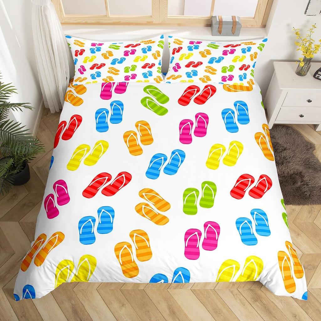 Sumer Hawai Beach Soft Duvet Cover Ful Ocean Beding Set for Young Boys Young Girls, Lovely Flip Flops Slipers Conch Starfish Warm Comforter Cover