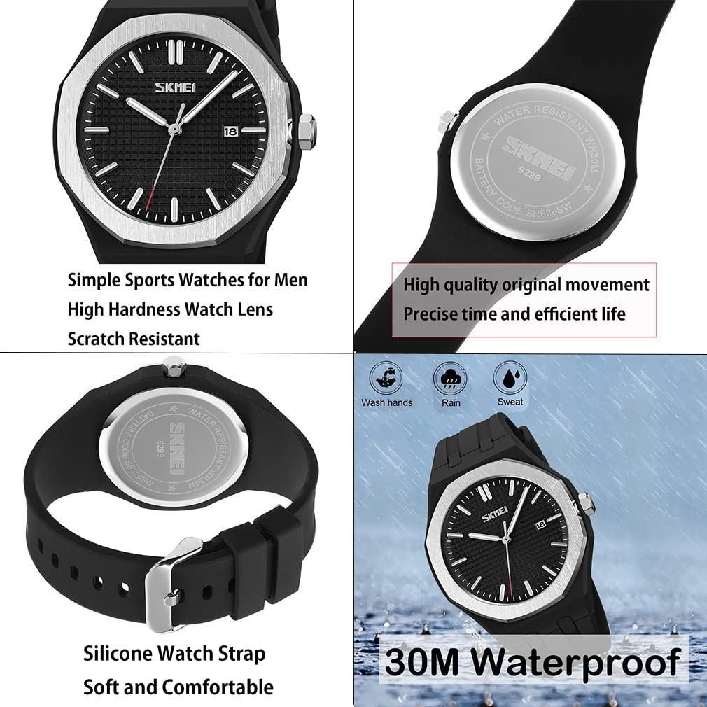 SKMEI Men's Watch, Simple Black Silicone Sport Wristwatch, Waterproof, Stylish Casual Analog Quartz Movement with Large Date Display and Fluorescent