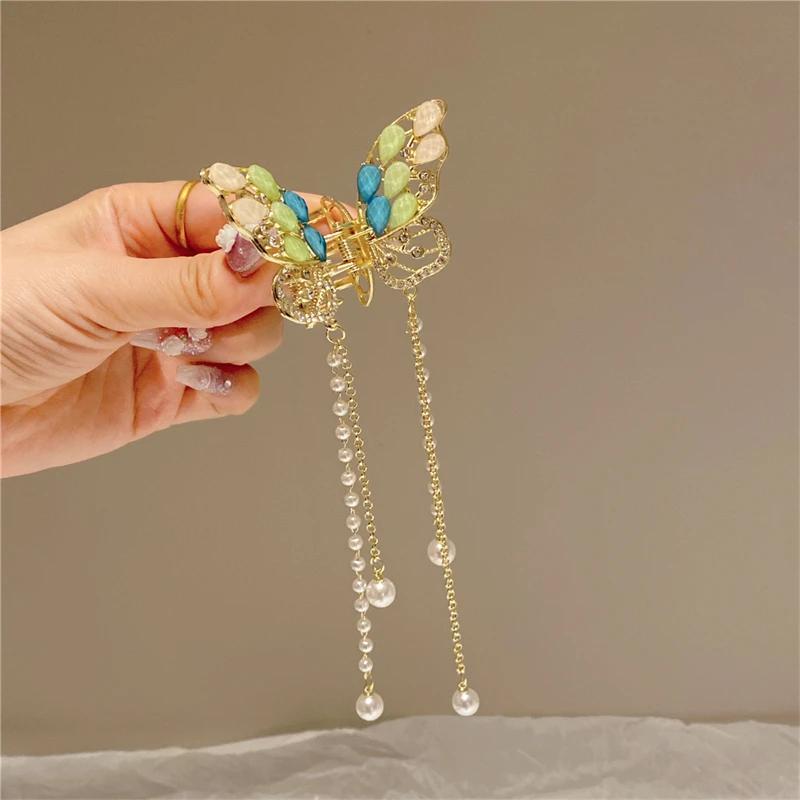 Exquisite Rhinestone Butterfly Fringe Hair Claw Korean New Ponytail Braid Pearl Hair Clip Girl Crab Metal Headdress Gift