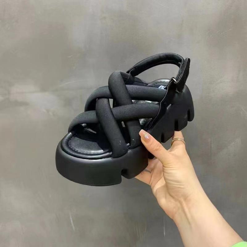 Fashion Sandals Women 2024 Summer New Fashion Thick-bottomed Breathable  Mesh Magic Paste Roman Sandals Hook & Loop