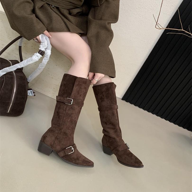 2025 Herbst und Winter neue matte quadratische Zehenpartie dicker Absatz Stiefel Damen Gürtelschnalle Samt hohe Ritterstiefel