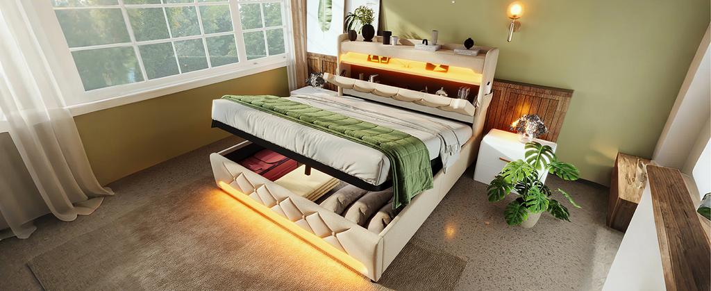 Upholstered Double Bed 140*200, Storage Headboard, USB and Type C Port, 360 Surround LED Head and Foot, Hydraulic Storage, Beige, Linen (No Mattress)