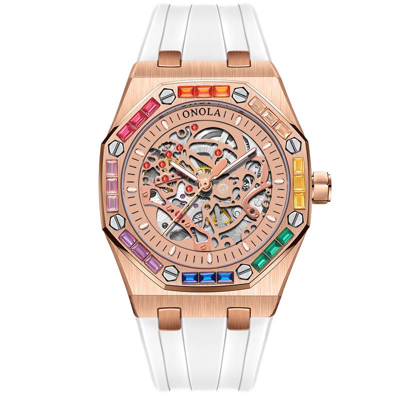 ONOLA Montre Homme Automatique Mécanique Fashion Diamants Arc-en-ciel Bracelet Silicone Étanche