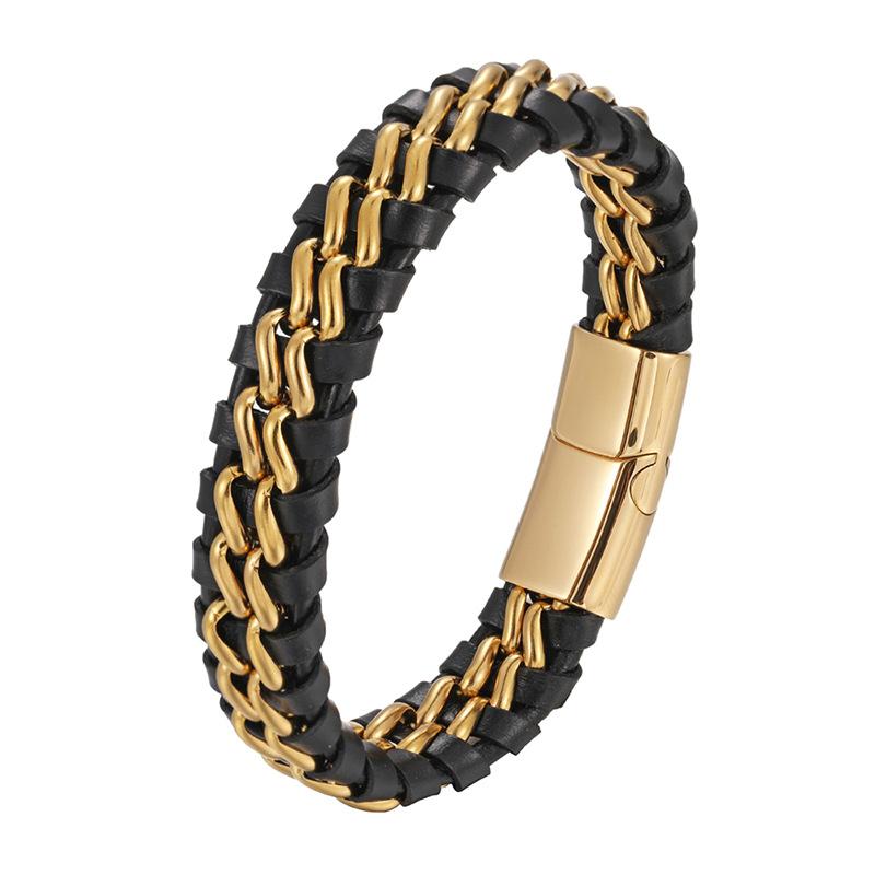 Popular Jewelry, Minimalist Style, Double Titanium Steel Chain, Genuine Leather Bracelet, Retro Punk Men's Woven Leather Rope, Geometric Lines