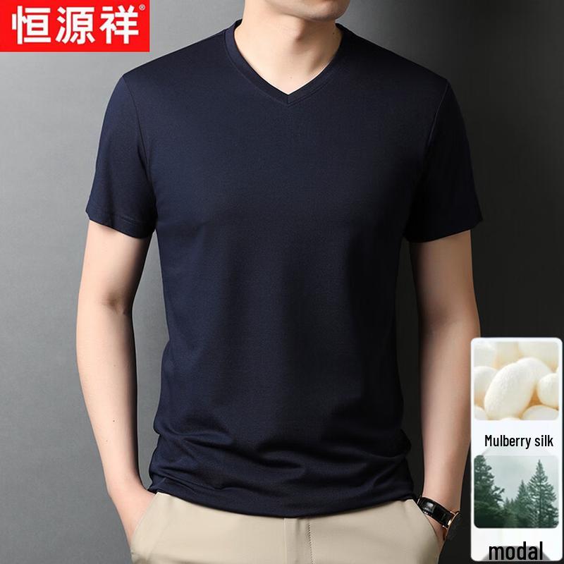 Hengyuanxiang Men's Summer V-Neck Silk Blend T-Shirt