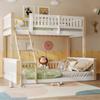 Bunk Bed, 90x200cm+140x200cm, Ladder, Bed Guard Rail, Simple Style, without Mattress, White + Natural