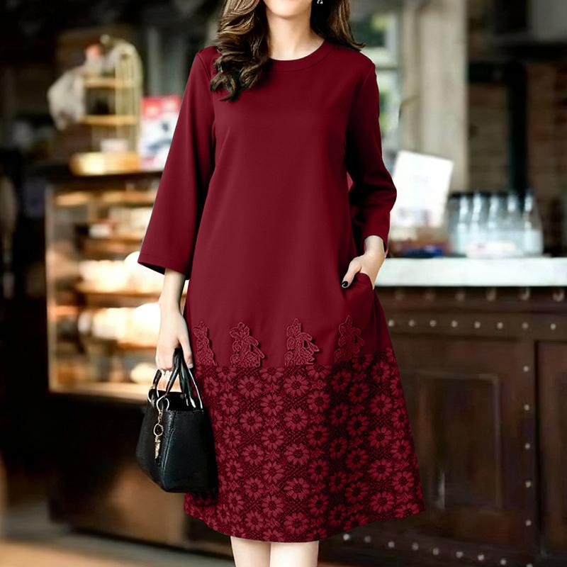 

ZANZEA Жіноча повсякденна сукня з круглим вирізом, рукавом 3/4 та мереживними вставками 3XL вина червоного кольору