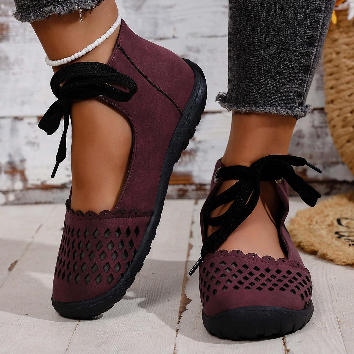 

New single shoes flat bottom bag head hollow solid color front strap large size casual single shoes 36 бордовый