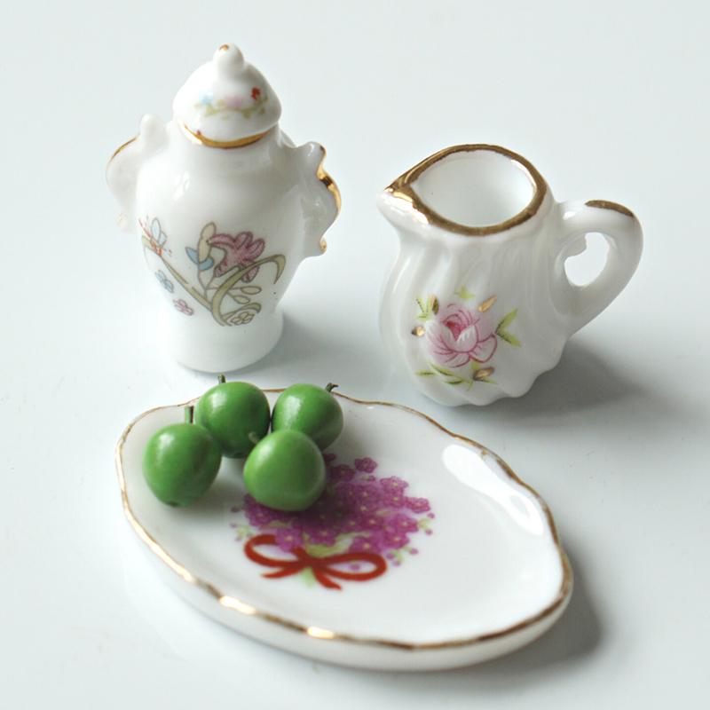 1 Set Doll House Decoration Mini Ceramic Tea Kit Simulation Kettle Plate Model Toy 1/12 Dollhouse Miniature Accessories
