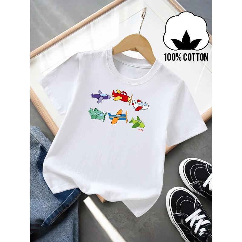 European sizes T-Shirt Made of  Casual Fabric Featuring a Vibrant Design of Cartoon Airplanes in Flight. It S Perfect for Summer 110 белый