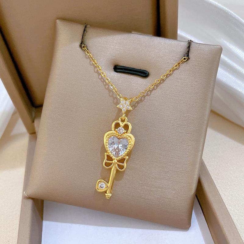 Bow Key Light Luxury Temperament Gorgeous Full Diamond Necklace Women'S Versatile Collarbone Chain Titanium Steel Chain