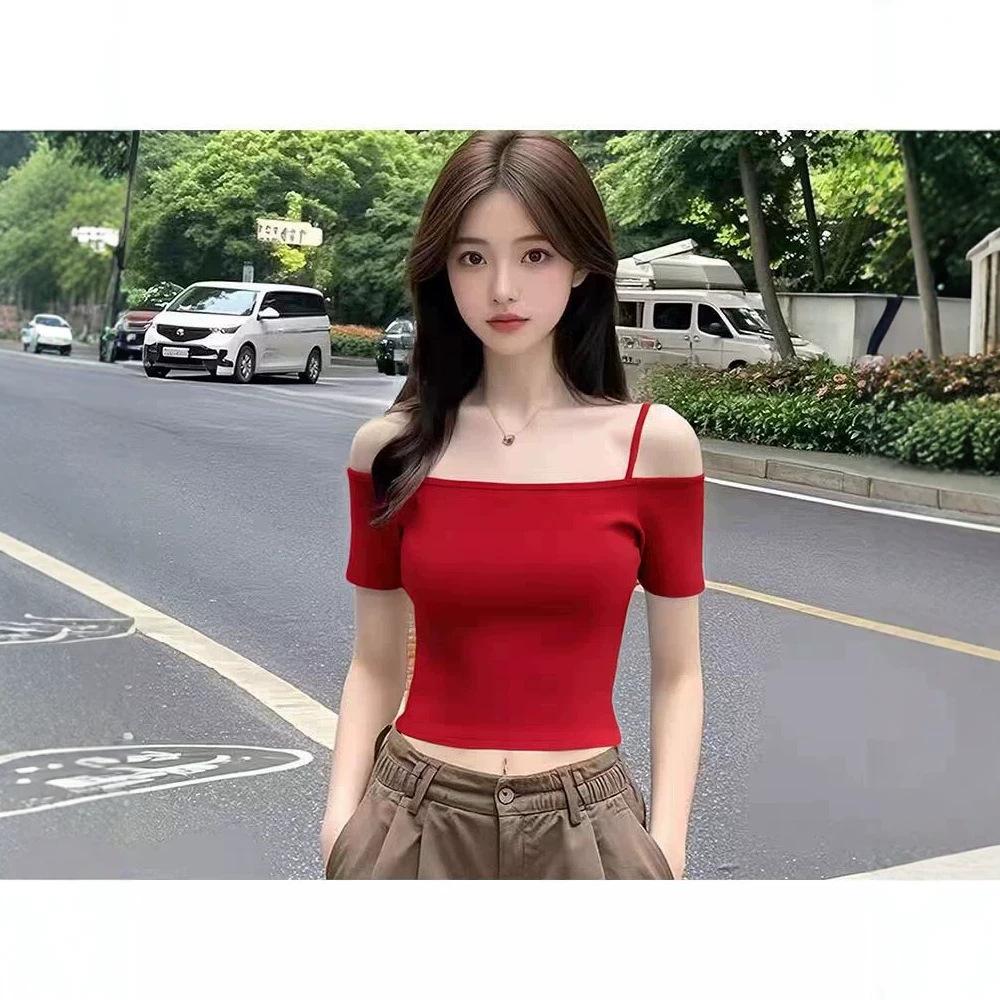 Summer New Suspender Slim Off-shoulder Short-sleeved T-shirt Female Sexy Spice Short One-word Shoulder Beautiful Top
