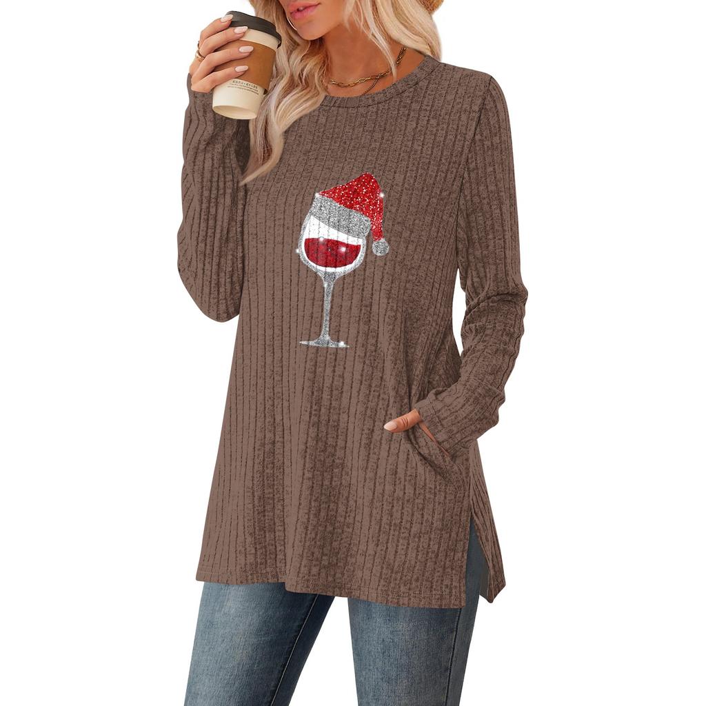 Women's Gradient Printed Round-neck Long-sleeved Top With Pockets And Side Slits