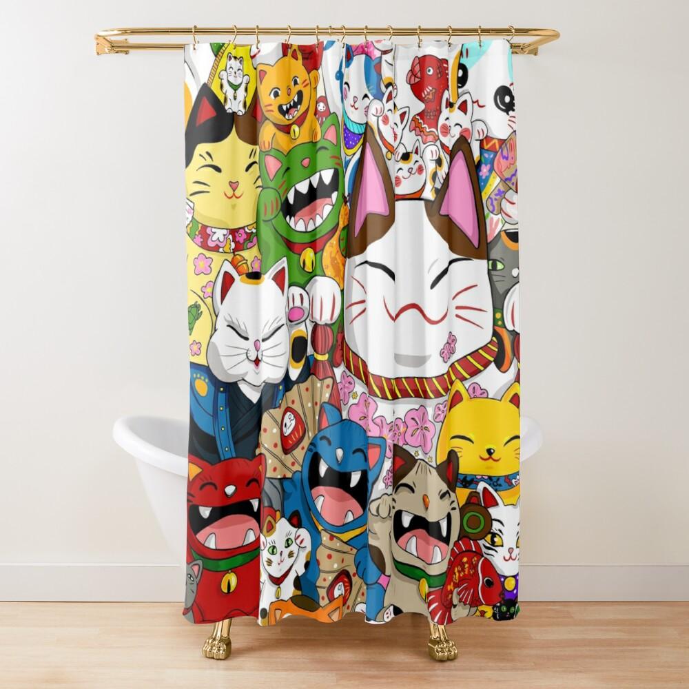 Japan Lucky Fortune Cat Shower Curtain Gold Coin Bathroom Decoration With Hook Polyester Fabric Waterproof Shower Curtain Hooks W60H190(CM)-1 Pcs