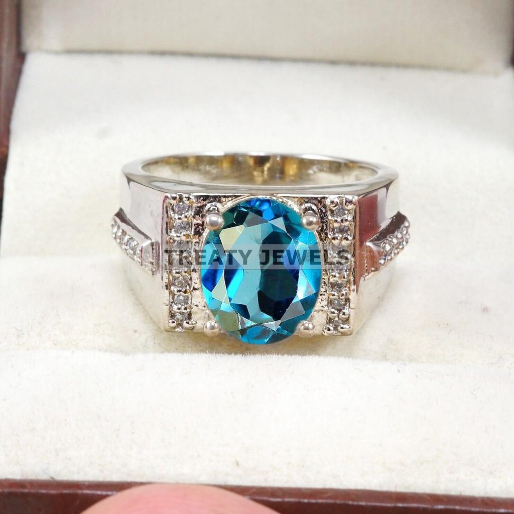 London Blue Topaz Oval Gemstone With 925 Sterling Silver Ring For Men's #B244 JL375676046544