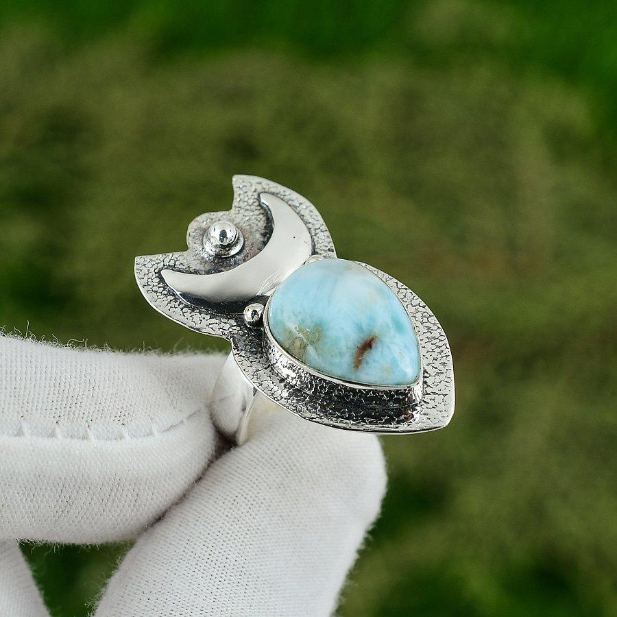 

925 Silver Larimar Stone Elegant Crescent Moon Wedding Bezel Statement Wife Ring Adjustable