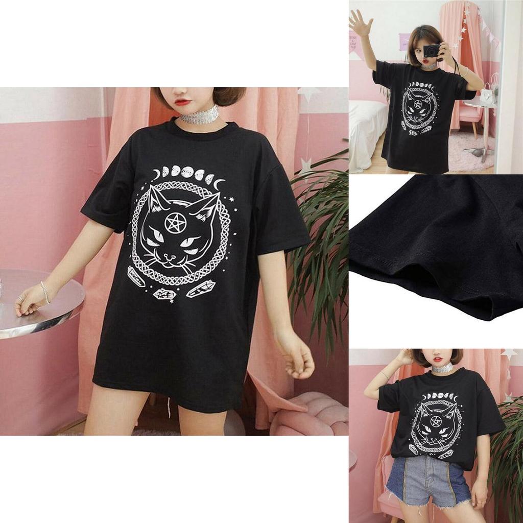 Damen Mädchen Lustiges Kurzarm Mond Katze Print Punk Gothic Lässiges Oberteil Bluse