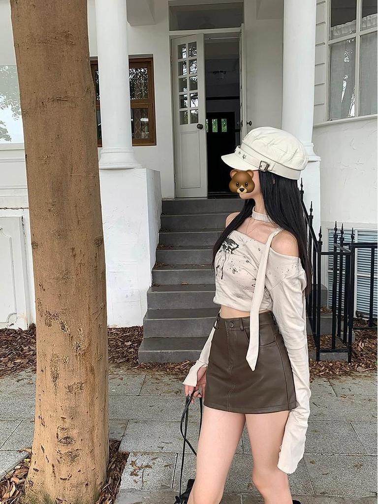 Women's PU Leather A-Line Skirt - High Waist, Slim Fit, Coffee Color, Autumn/Winter 2023 Collection