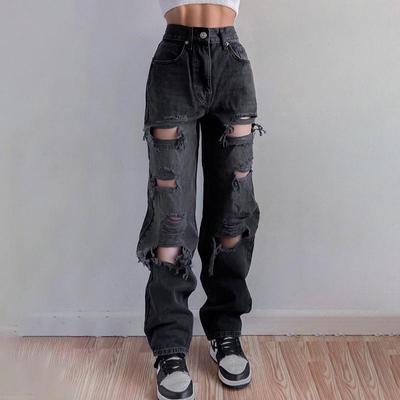 Jeans Rotos de Cintura Alta para Mujer Ropa Vintage Moda Y2k Pantalones Vaqueros Rectos Ropa de Calle Agujero Hip Hop Pantalón Jeans