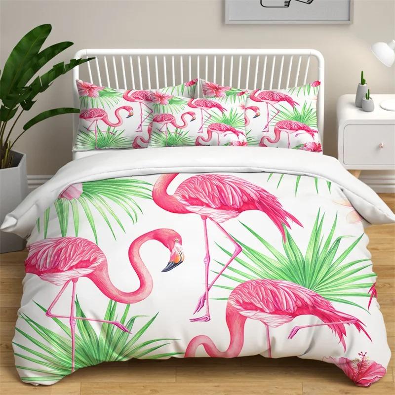 Flamingo Duvet Cover Palm Leaves Comforter Cover for Girls Boys Teens Cute Animal Tropical Botanical Bedding Set Twin King Size