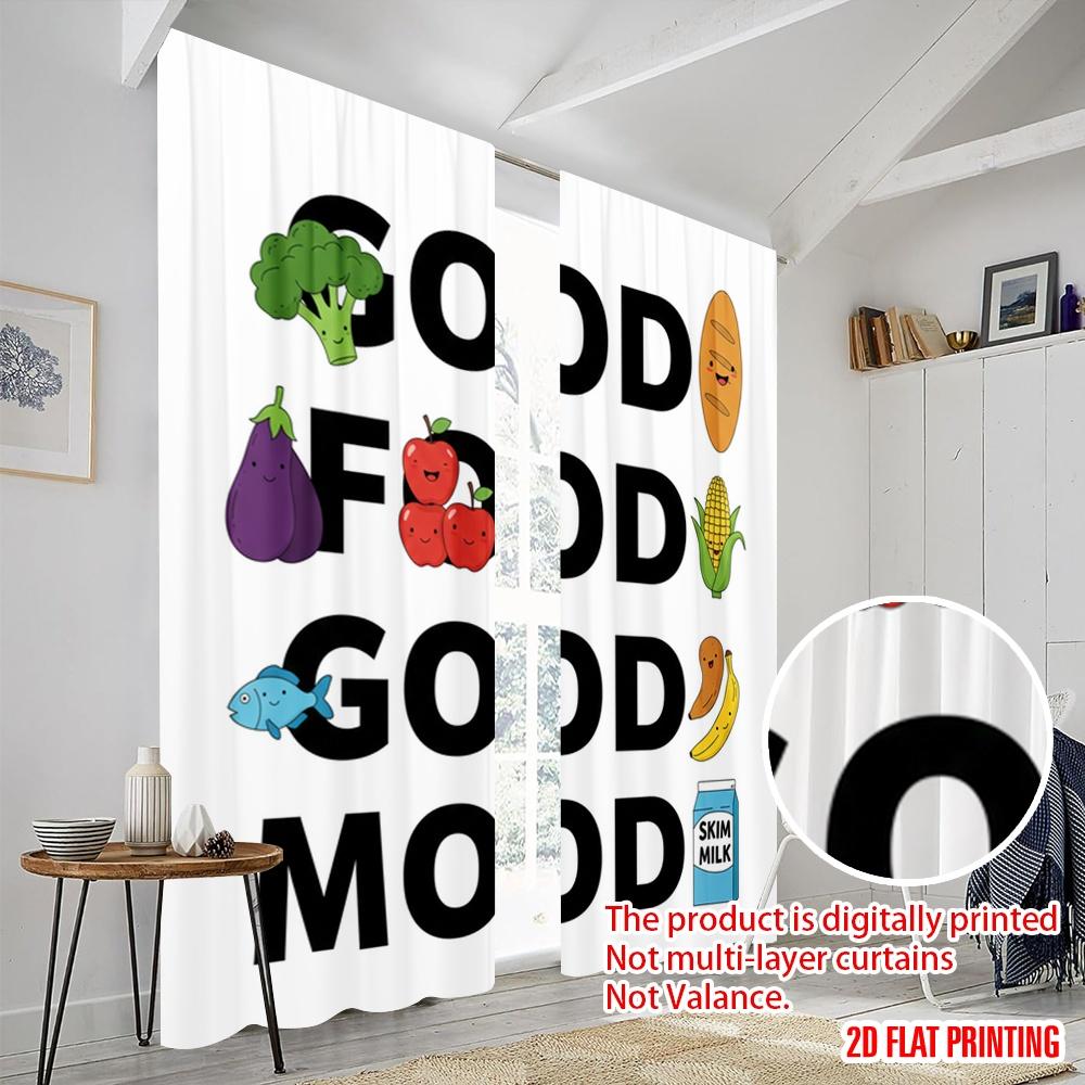 2pcs 2D Flat Printing Curtains Good Food Good Mood Polyester Without Electricity Party Decorations for Indoor Celebrations Room