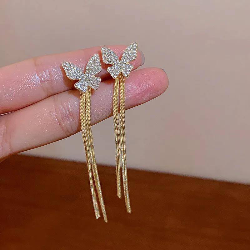 Elegant Zircon-studded Butterfly Golden Tassel Earrings For Women Personalized Daily Accessories Party Jewelry Birthday Gifts