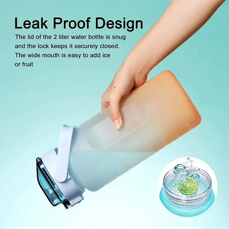 2L Large Capacity Plastic Water Bottle Time Scale Label Sticker Space Cup Spring Cap Painted Gradient Color Water Cup