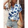Damen Lässige Lockere V-Ausschnitt Blumenmuster Kurzarm Bluse
