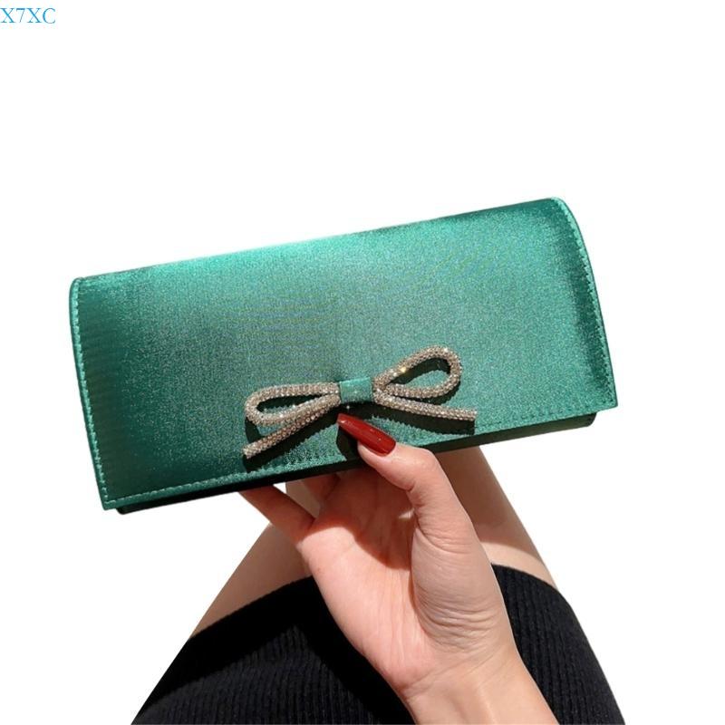 X7XC Fashionable Silky Evening Bag Rhinestones Bowknot Handbag for Formal Functions