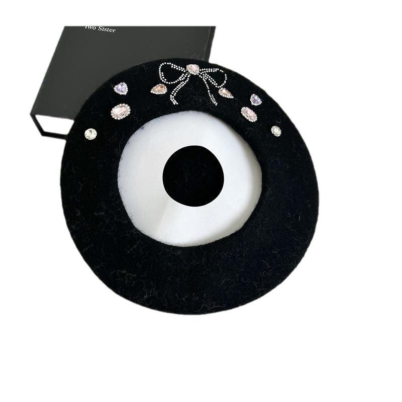 Sweet Girl Bow Beret Korean Style Big Head Woolen Hat Painter Hat Rhinestone Western-Style Fashion Octagonal Hat