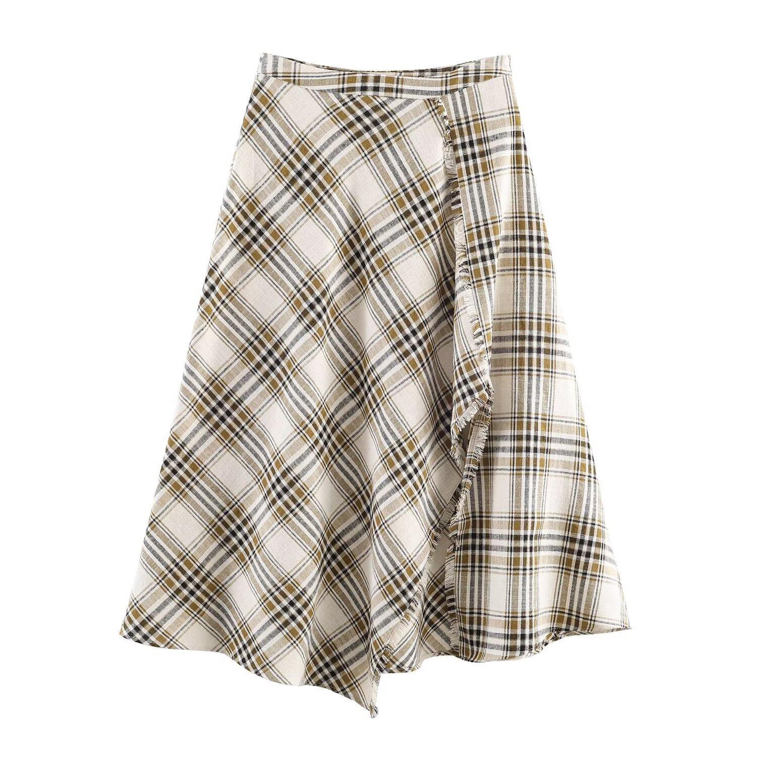 European and American style, new women s clothing, foreign style, versatile asymmetrical plaid midi skirt 7354100 XS