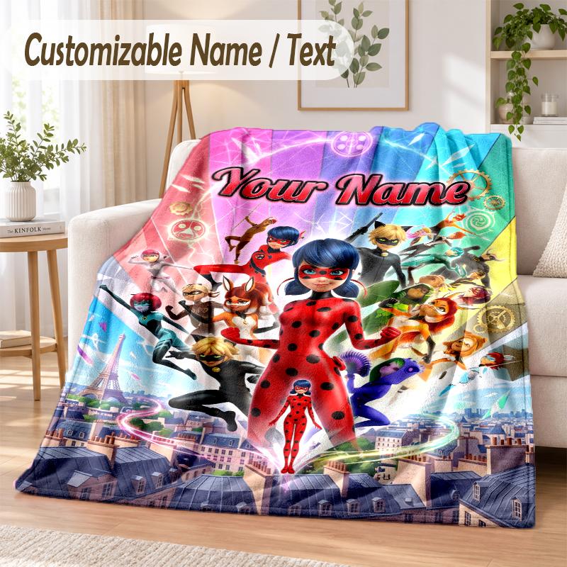Miraculous Ladybug Custom Name Flannel Throw Blanket Soft Warm for Sofa Bed Indoor Home Use