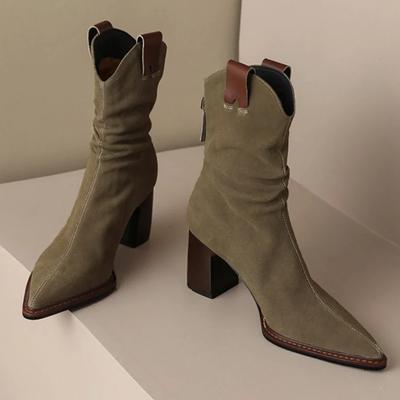 Wildleder Stiefeletten mit niedrigem Absatz Chunky Western Cowboy Stiefel für Damen Falten Spitz Retro Ritter Kurzstiefel Nubuk Chelsea Boots