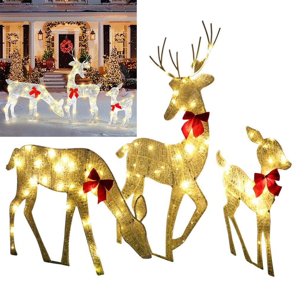 3Pcs Family Lighted Deer Christmas Decor Metal with 5Pcs LED String Light LED Christmas Lighted Reindeer for Garden Party Decor
