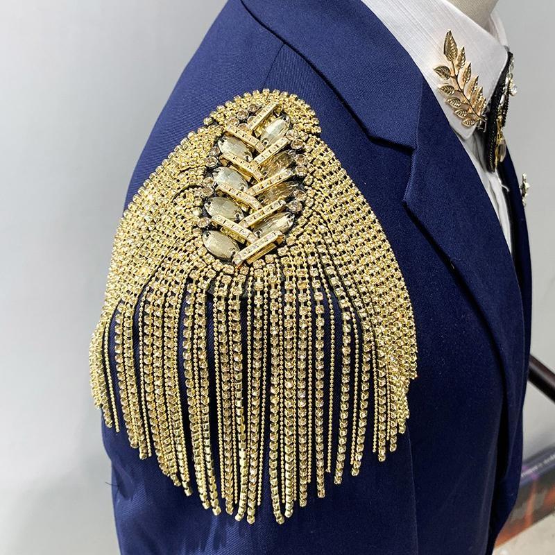 1Pc Rhinestone Beaded Epaulette Punk Coat Suit DIY Chain Tassel Badge Shoulder Patches Appliques Tassel Trim Crystal Decor