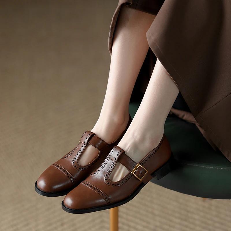 Fashion New Spring/summer Mary Jane Shoes for Women Split Leather Round Toe Thick Heel Shoes Casual Brogues Black Chunky Heel Shoes