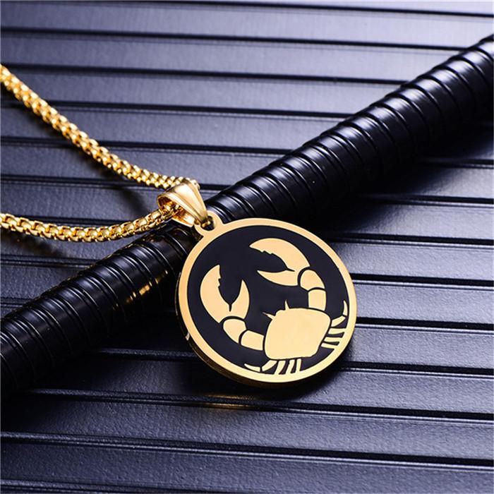 Punk Zodiac Constellation Pendant Gold Color Stainless Steel Round Necklaces for Men Women Fashion Party Jewelry Birthday Gift