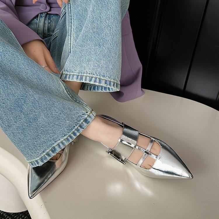 

European Station Spring New Leather Surface One-word Strap Single Shoes Middle Heel French Pointed Thick Heel Light Mouth Square Buckle Mary Jane Sh 40 срібний