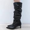 Black Soft Leather Winter Knee Boots Women Sexy Pointy Toe Pleated Kitten Heel Designer Boot Elegant Commuter Botas Largas Mujer